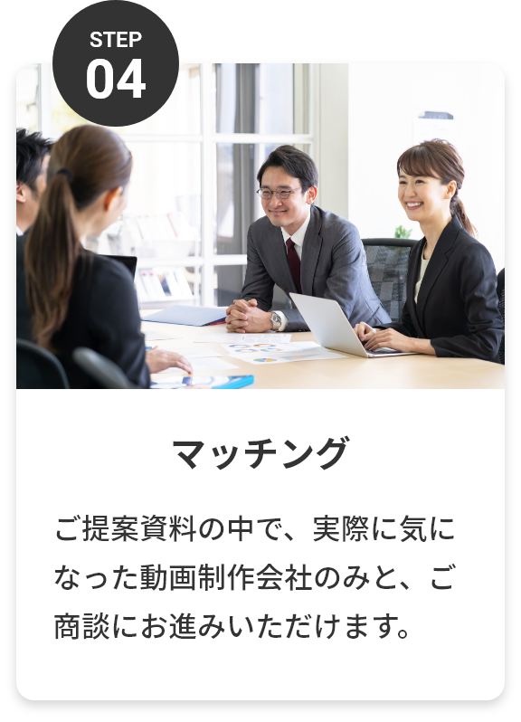 step04 マッチング ご提案資料の中で、実際に気になった動画制作会社のみと、ご商談にお進みいただけます。