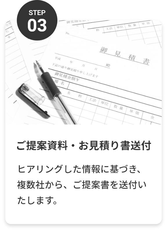 step03 ご提案資料・お見積り書送付 ヒアリングした情報に基づき、複数社から、ご提案書を送付いたします。