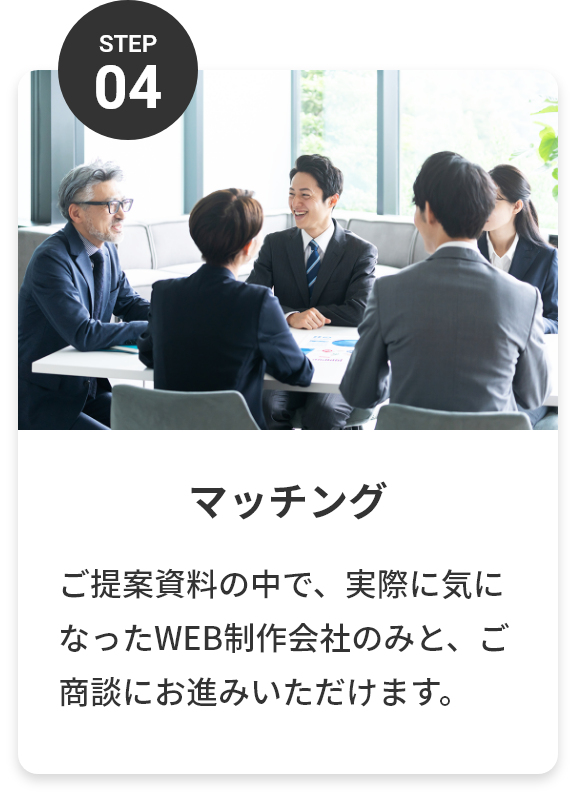 step04 マッチング ご提案資料の中で、実際に気になったWEB制作会社のみと、ご商談にお進みいただけます。